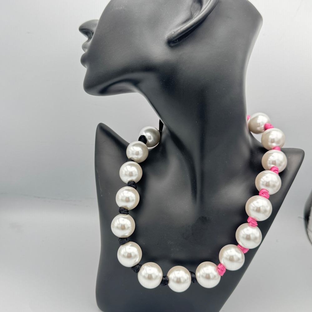Oversized Faux Pearl Statement Necklace Ribbon Tie Pink Black Satin 20mm Beads
